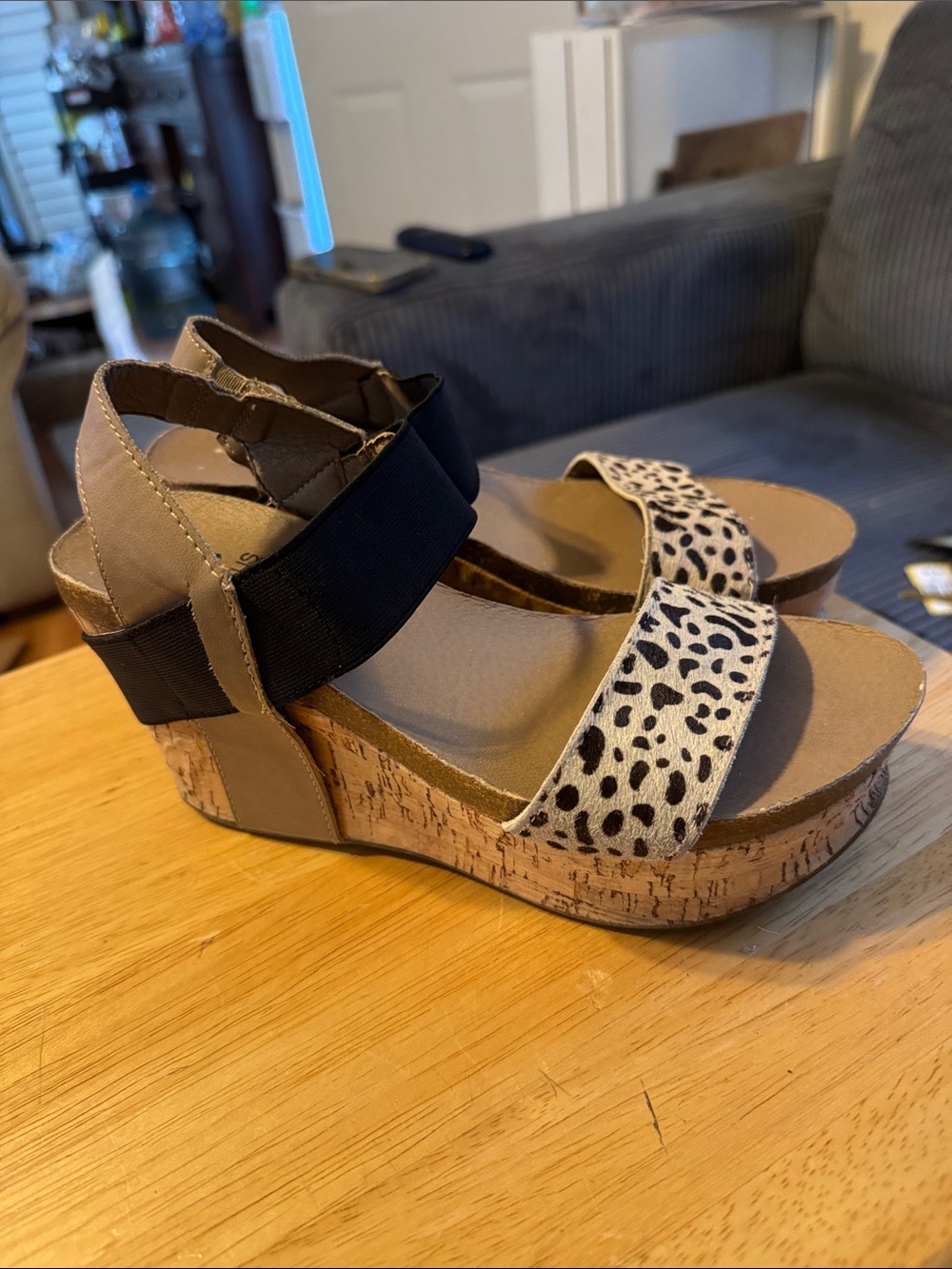 Corkys Leopard Print and Black Elastic Wedge Sandals